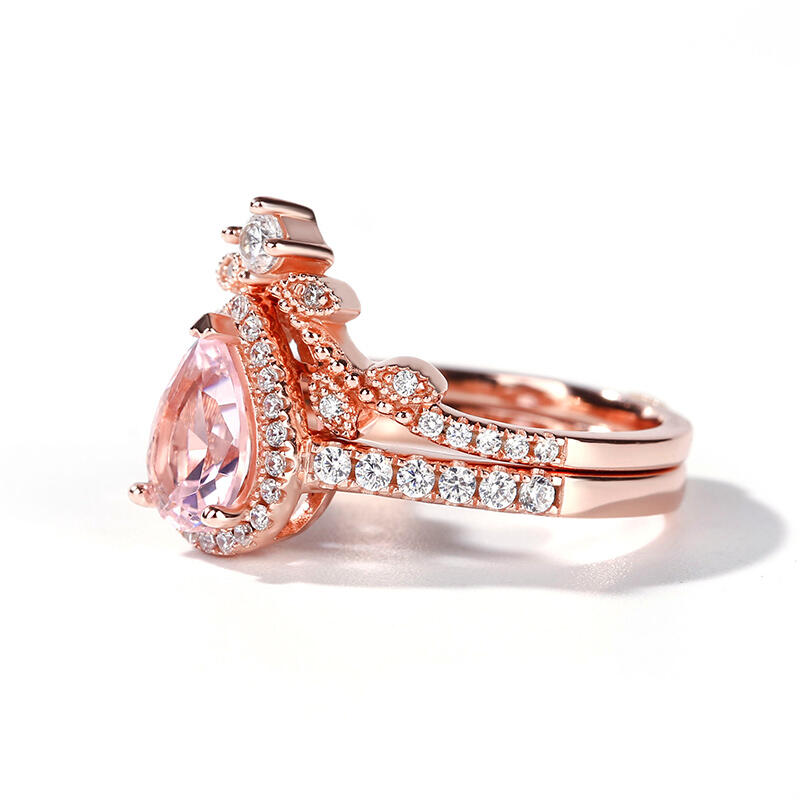 Jeulia Halo Pear Cut Synthetic Morganite Sterling Silver Ring Set