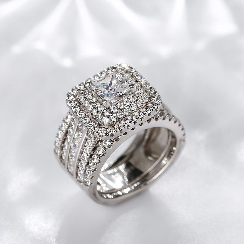 Jeulia Three Halo Princess Cut Sterling Silver Enhancer Ring Set