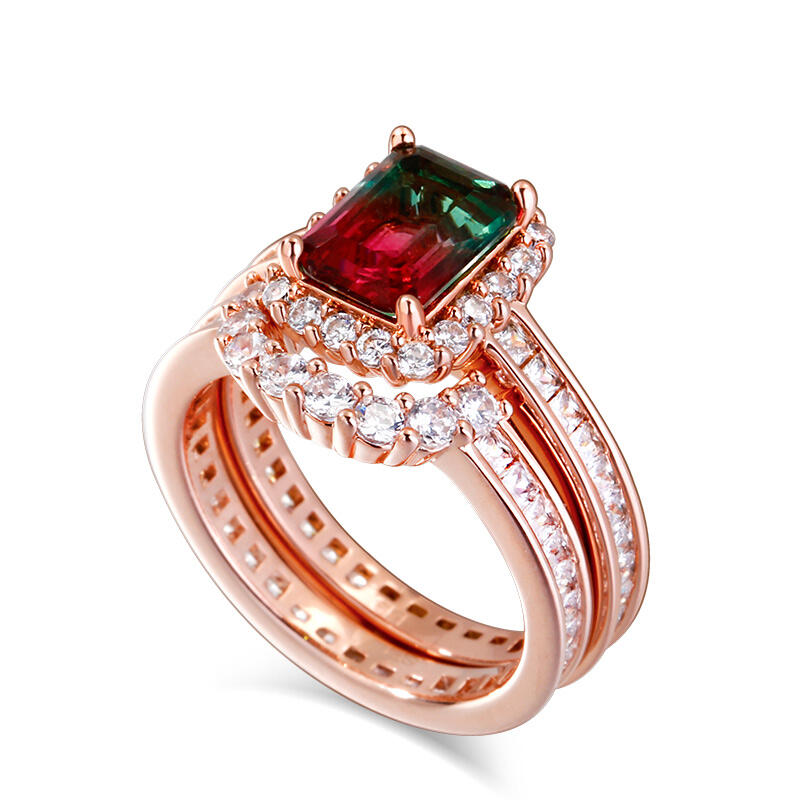 Jeulia Halo Emerald Cut Sterling Silver Watermelon Ring Set