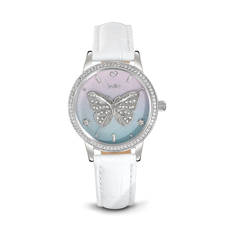 Jeulia "Dreamy Rainbow" Butterfly Design Quartz White Leather Watch with Ombre Dial