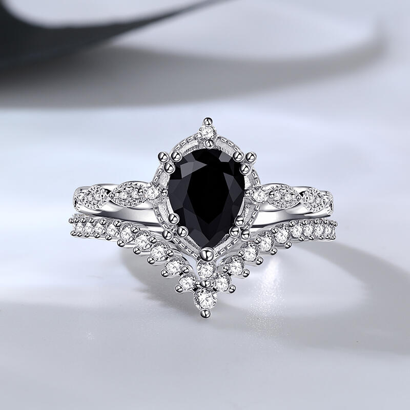 Jeulia Conjunto de Anillos de Plata de Ley con Corte de Pera de Estilo Art Deco