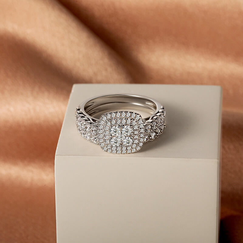 Jeulia Double Halo Cluster Ring Set with Eternity Band Sterling Silver