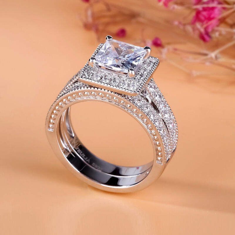 Jeulia Halo Princess Cut Sterling Silver Ring Set