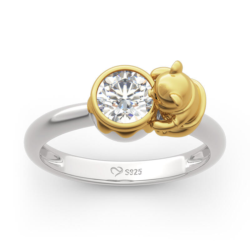 Jeulia Hug Me "Bear Holding Honey Pot" Round Cut Sterling Silver Ring