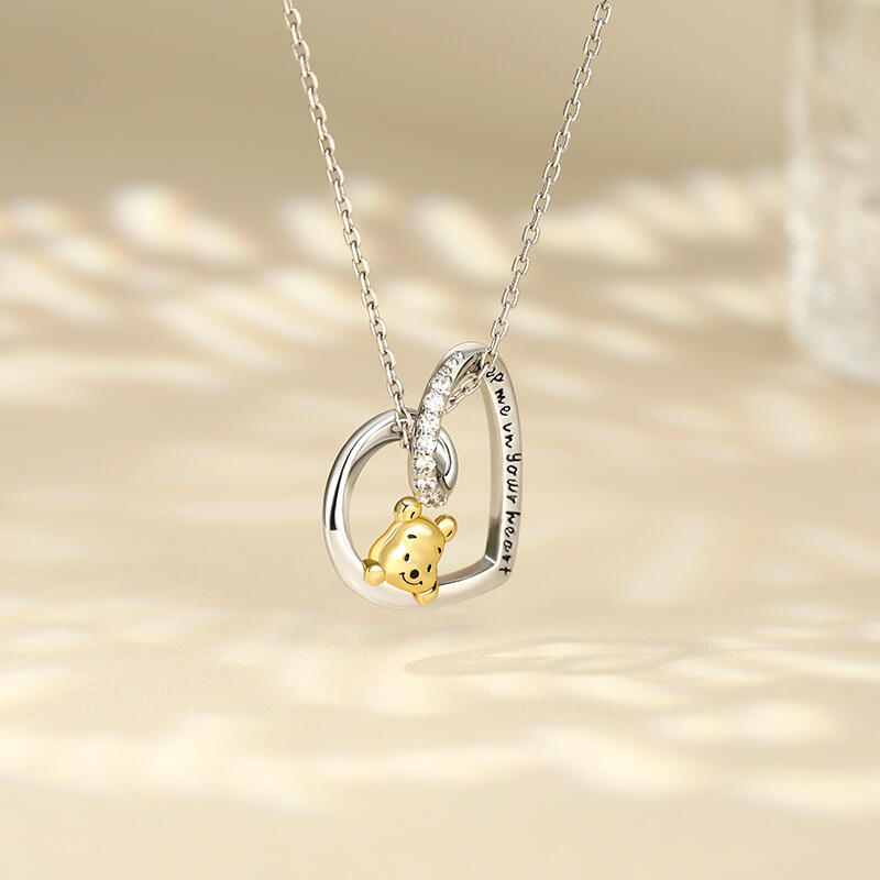 Jeulia Heart Design Cartoon Bear Sterling Silver Engraved Necklace