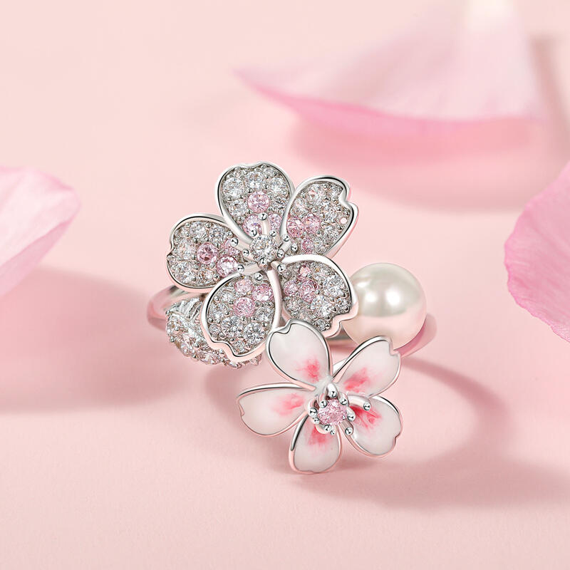 Jeulia Cherry Blossoms Gradient Pink Enamel Ring with Pearl