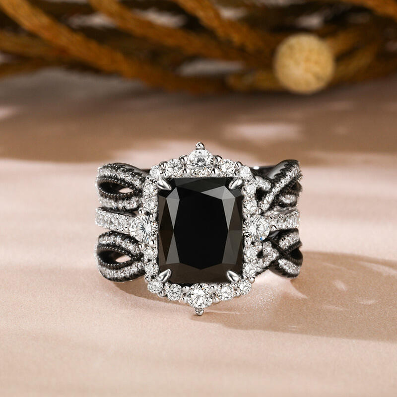 Jeulia Juego de Anillos de Compromiso Halo Radiante Negro Intercambiable y Trenzado