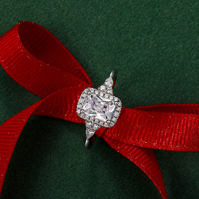 Jeullia Three Stone Radiant Cut Halo Engagement Ring