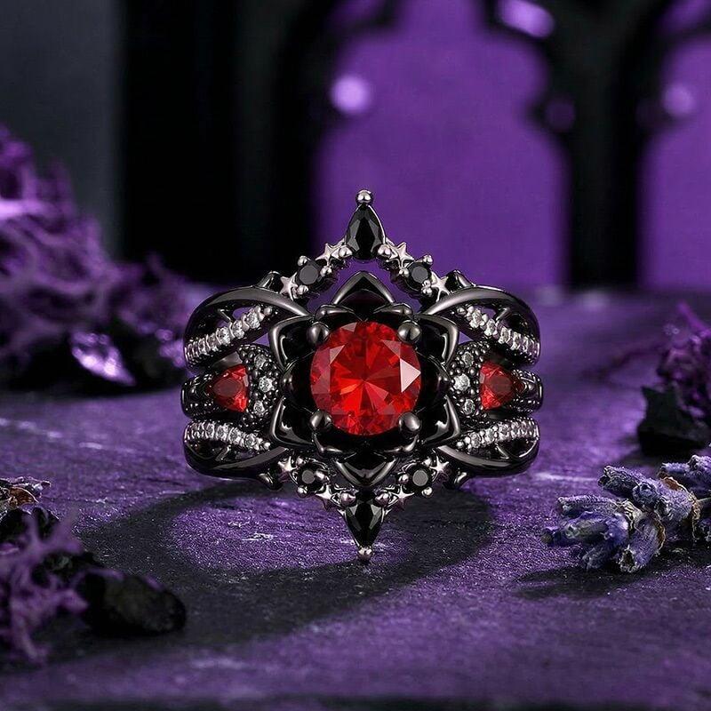 Jeulia Sacred Lotus Ring Set with Moon Star Motifs in Black