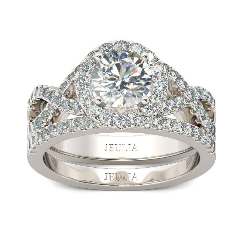Jeulia Twist Halo Round Cut Sterling Silver Ring Set