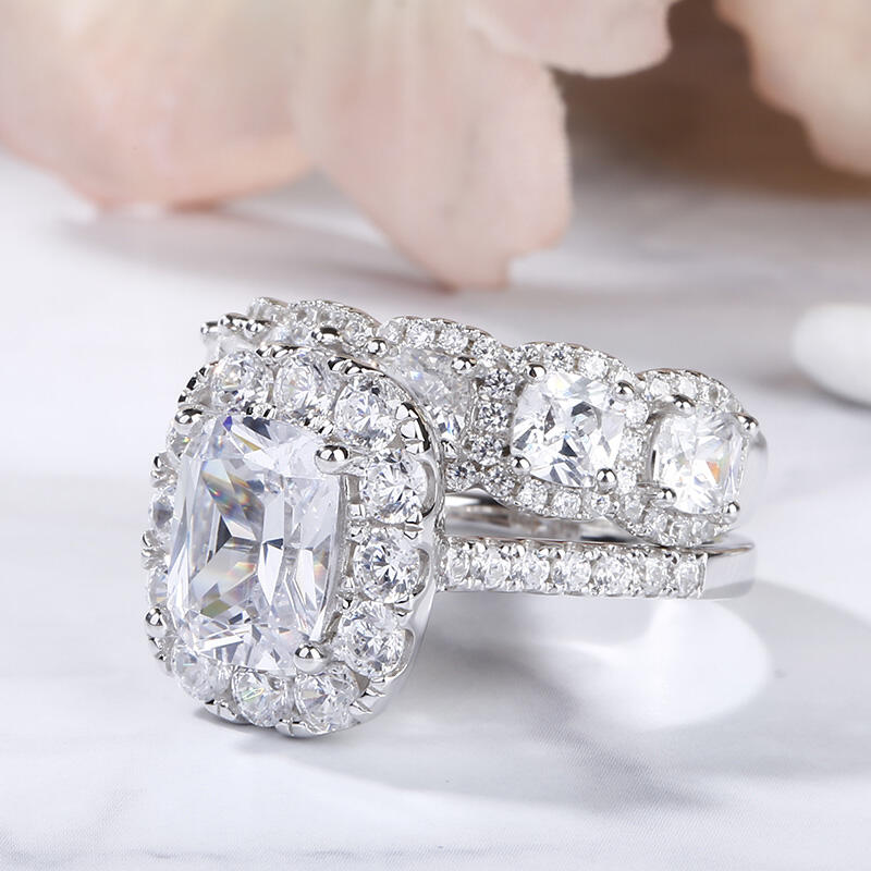 Jeulia Halo Cushion Cut Sterling Silver Ring Set