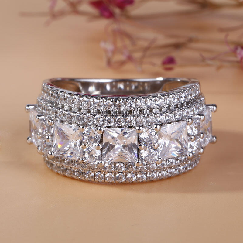 Jeulia Wide Princess Cut Sterling Silver Women's Band