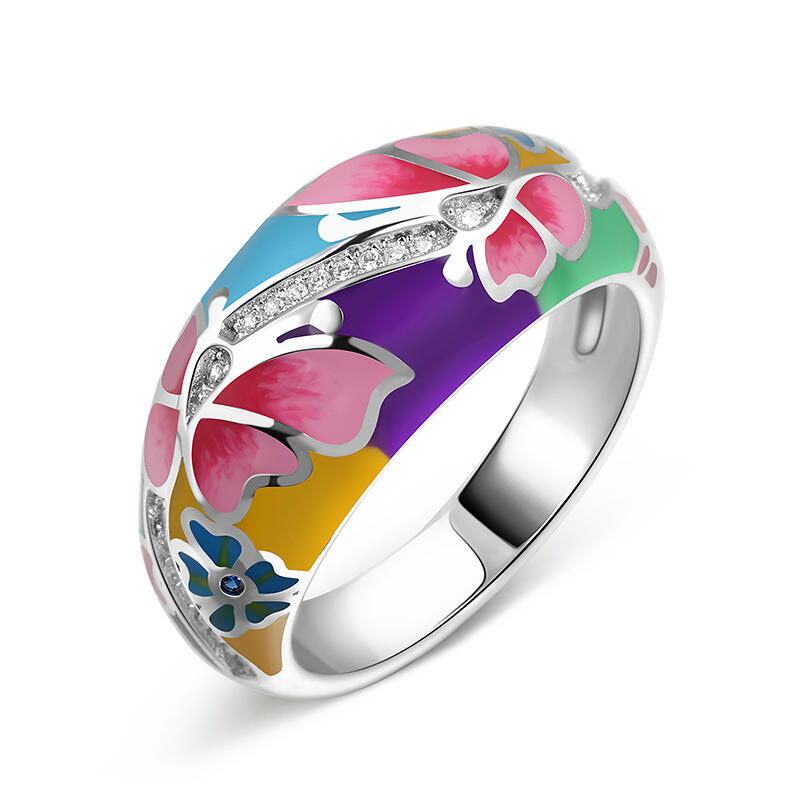 Jeulia Anillo de mariposa y flor esmalte de plata esterlina de las mujeres