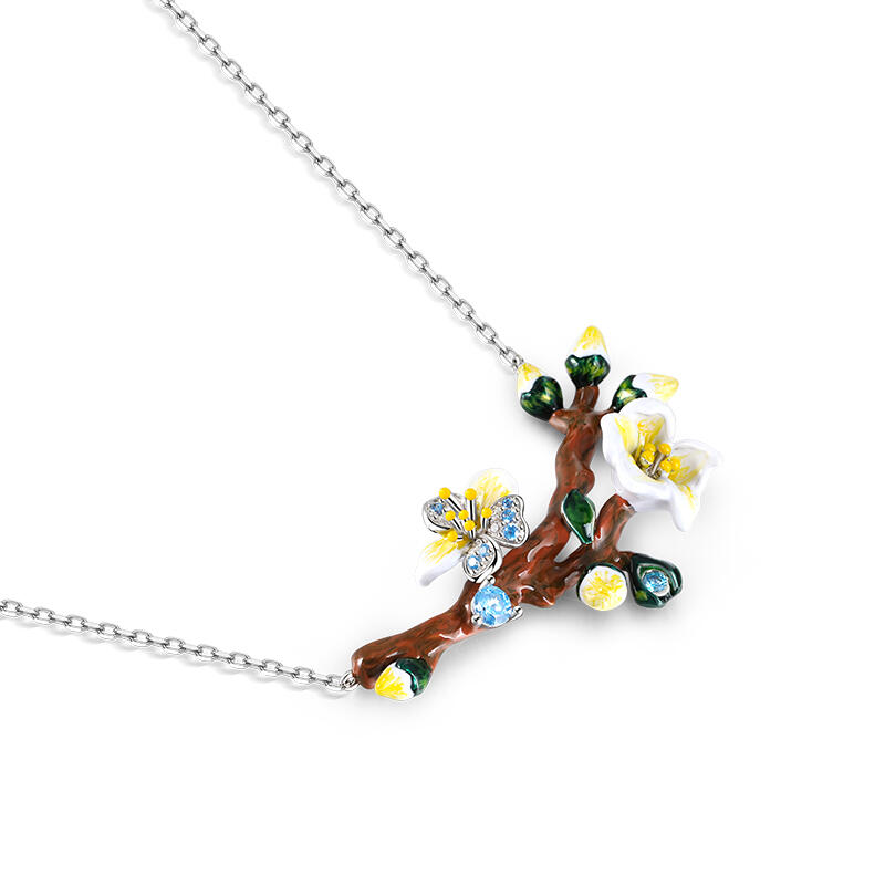 Jeulia "Almond Blossoms" Enamel Sterling Silver Necklace