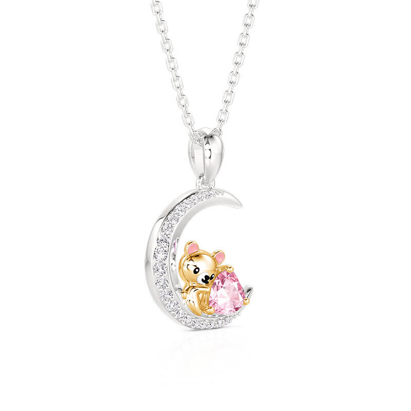 Jeulia Hug Me Custom Teddy Bear Moon Necklace With Birthstone