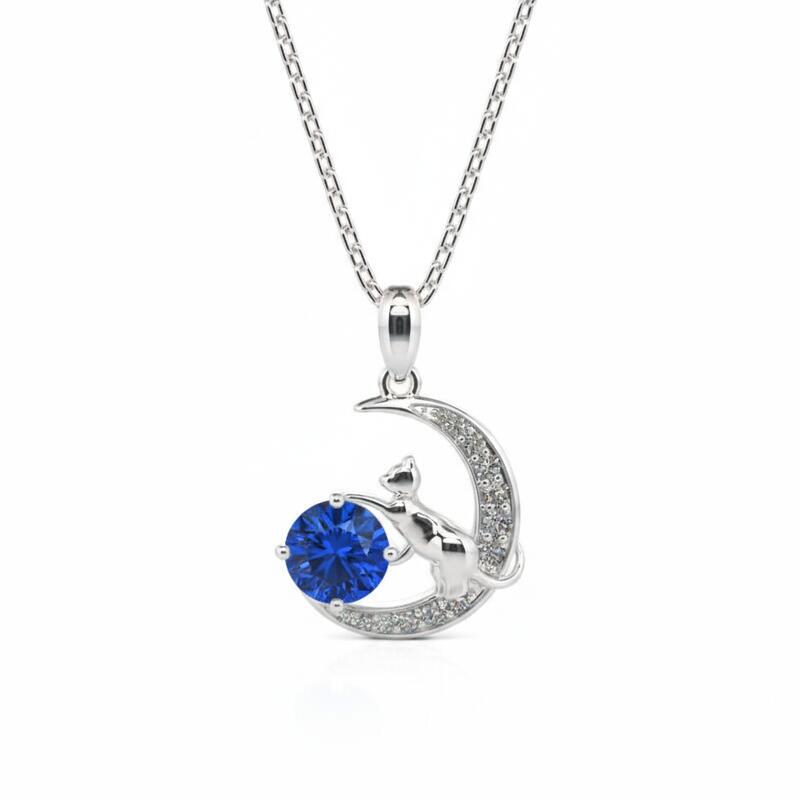 Jeulia "Cat on the Moon" Custom Birthstone Necklace Sterling Silver