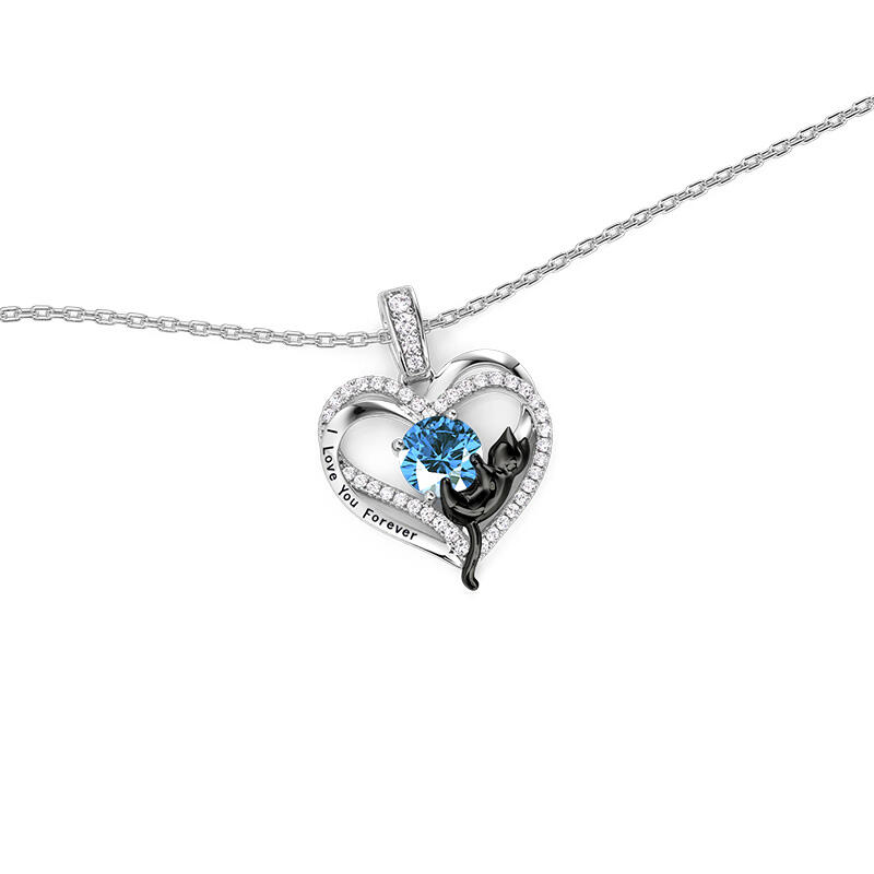 Jeulia Custom Black Cat Double Heart Necklace With Birthstone