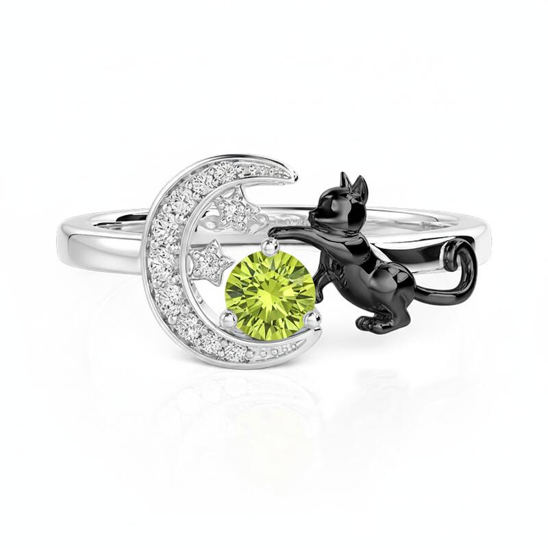 Jeulia Custom Black Cat Moon and Star Ring With Birthstone