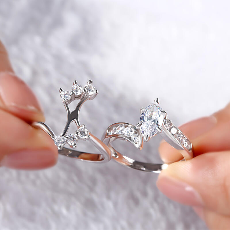 Jeulia Bypass Marquise Cut Sterling Silver Ring Set