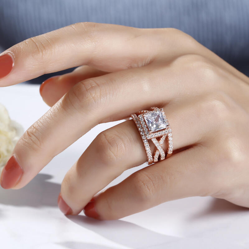 Jeulia 3PC Halo Princess Cut Sterling Silver Ring Set