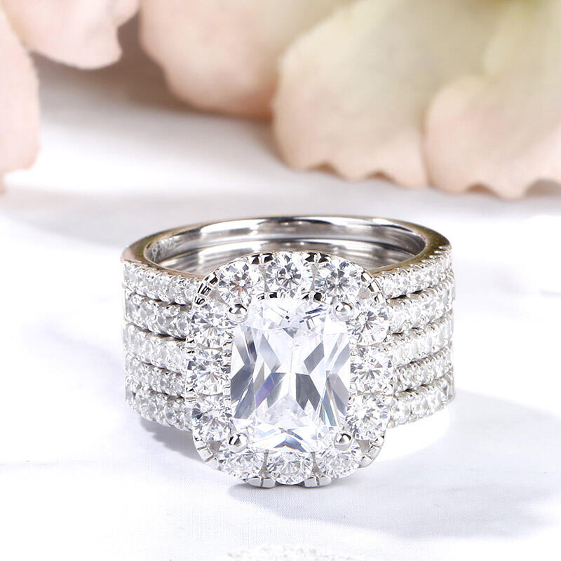 Jeulia 5PC Halo Cushion Cut Sterling Silver Ring Set