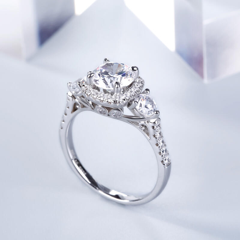 Jeulia Three Stone Halo Round Cut Sterling Silver Ring