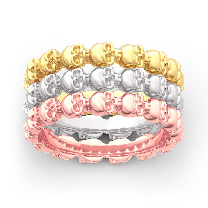 Jeulia Tri-Tone Stackable Sterling Silver Skull Ring Set