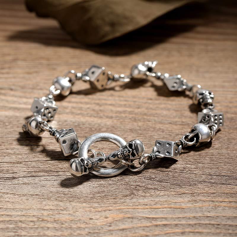 Jeulia Pulsera con juego de dados y calavera de plata de ley