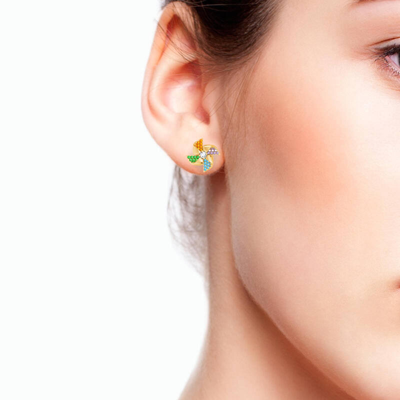 Jeulia Pendientes giratorios asimétricos con colgantes de molinos de colores de plata de ley