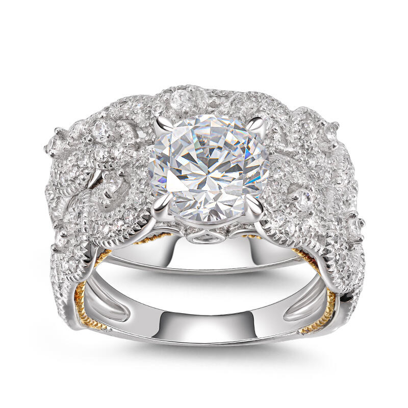 Jeulia Vintage Scrollwork Round Cut Sterling Silver Ring Set