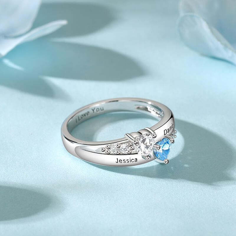 Jeulia Anillo de Plata Esterlina de Dos Piedras de Corte Corazón con Piedras de Nacimiento