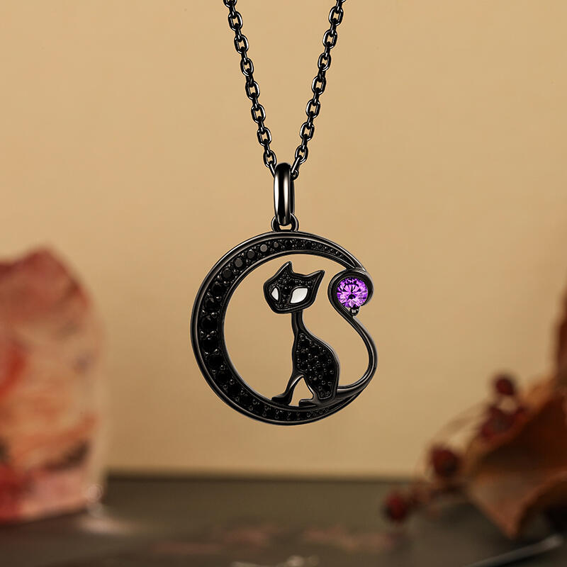 Jeulia "Black Cat on the Moon"Custom Birthstone Necklace