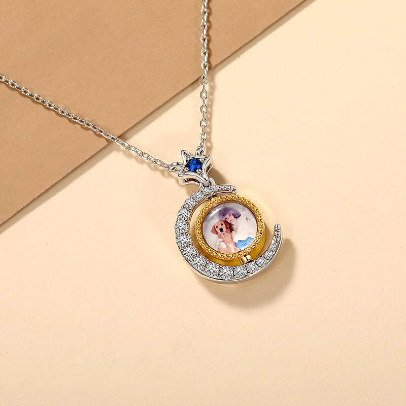 Jeulia Star and Moon Custom Photo Necklace Rotatable Double Sided
