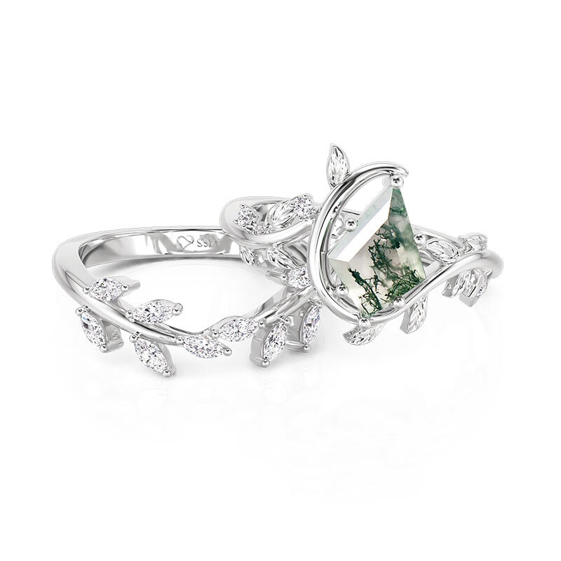 Jeulia Blatt Deltaschliff Moosachat Ring Set aus Sterling Silber