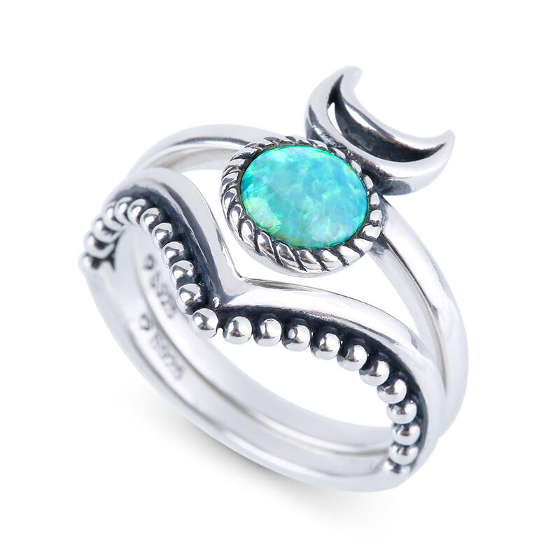 Jeulia Conjunto de anéis de opala empilháveis com lua e costas.