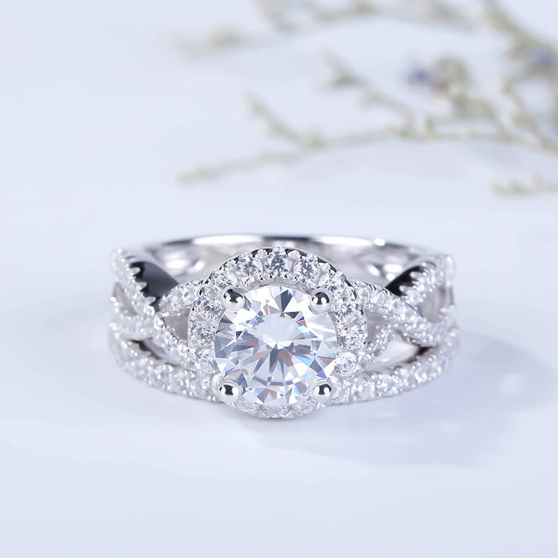 Jeulia Twist Halo Round Cut Sterling Silver Ring Set