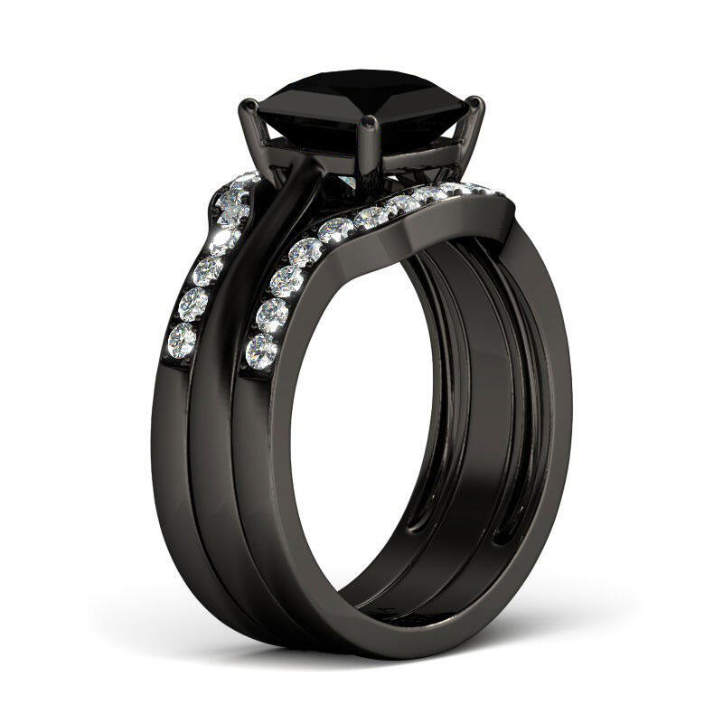 Jeulia Terno De Anillos Con Tono Negro De Talla Cojín En Plata De Ley