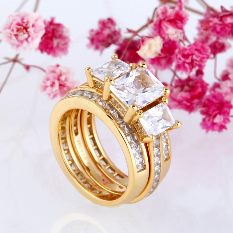 Jeulia 3PC Yellow Three Stone Radiant Cut Sterling Silver Ring Set