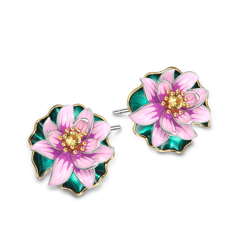 Jeulia "Lotus Flowering" Water Lilies Inspired Enamel Sterling Silver Earrings