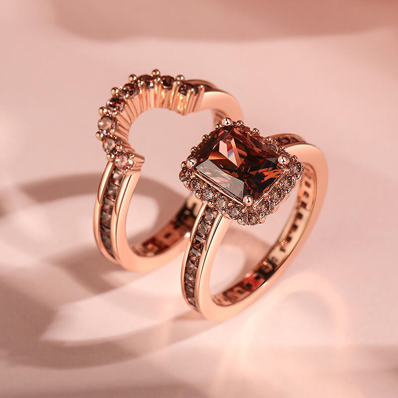 Jeulia "Delicious Coffee" Halo Emerald Cut Sterling Silver Ring Set