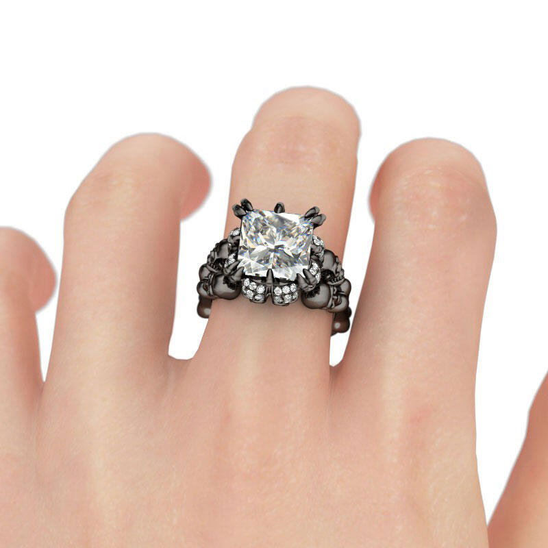 Jeulia  Black Tone Princess Cut Sterling Silver Skull Ring