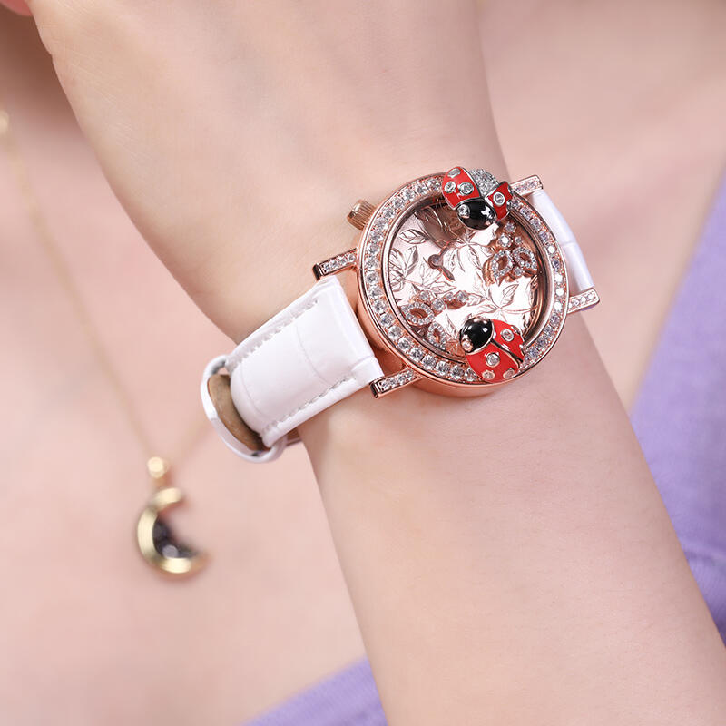 Jeulia "Vivid Natural" Ladybug Design Quartz White Leather Women's Watch