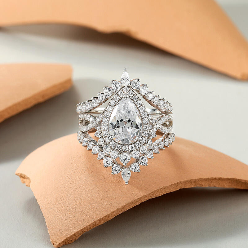 Jeulia Halo Pear Cut Engagement Eternity Ring Set 3PC Sterling Silver