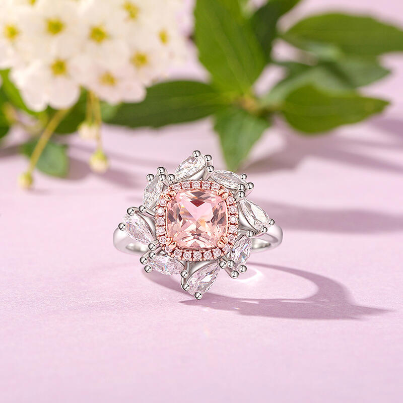 Jeulia Anillo de Cóctel Bicolor con Flor y Halo de Morganita en Plata de Ley