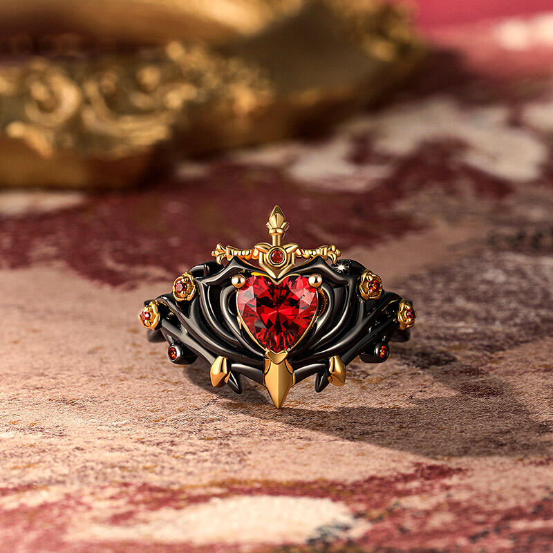 Jeulia Red Heart Sword Ring with Black Thorn Band