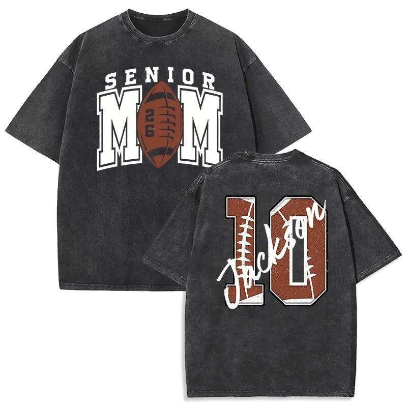 Personalized Washed T-shirt Senior Football Mom with Custom Kids Name Number Gift for Sports Lovers