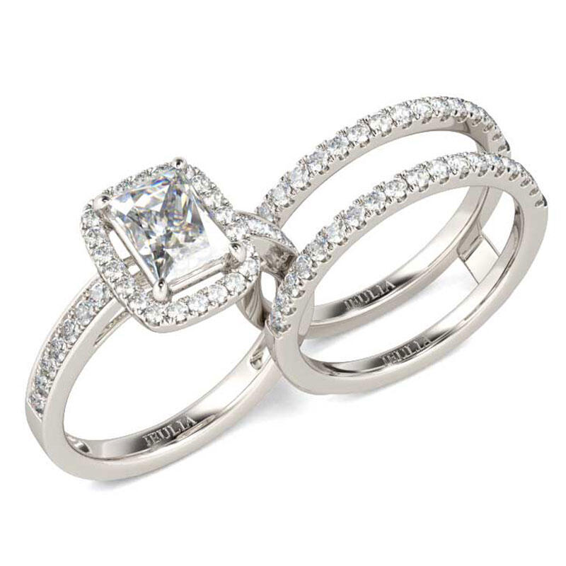 Jeulia Halo Radiant Cut Sterling Silver Enhancer Ring Set