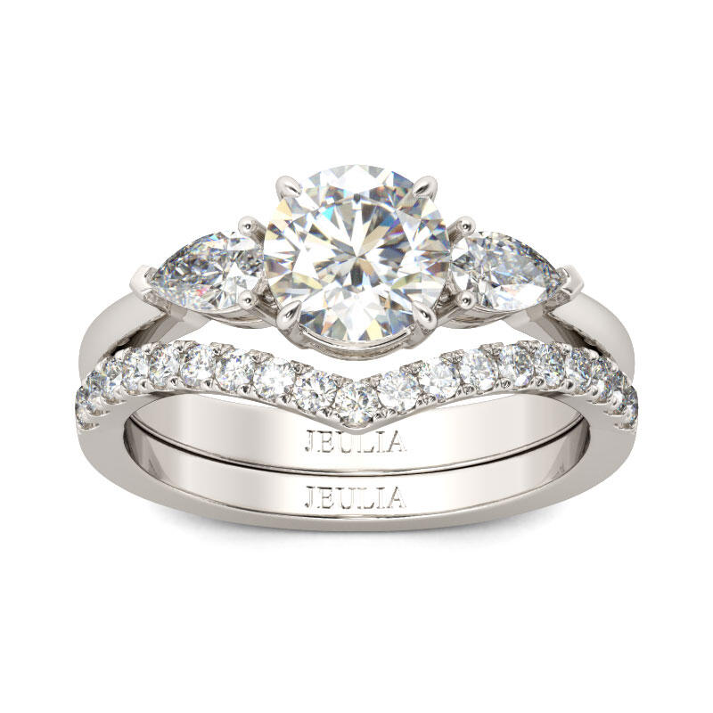 Jeulia Three Stone Round Cut Sterling Silver Ring Set