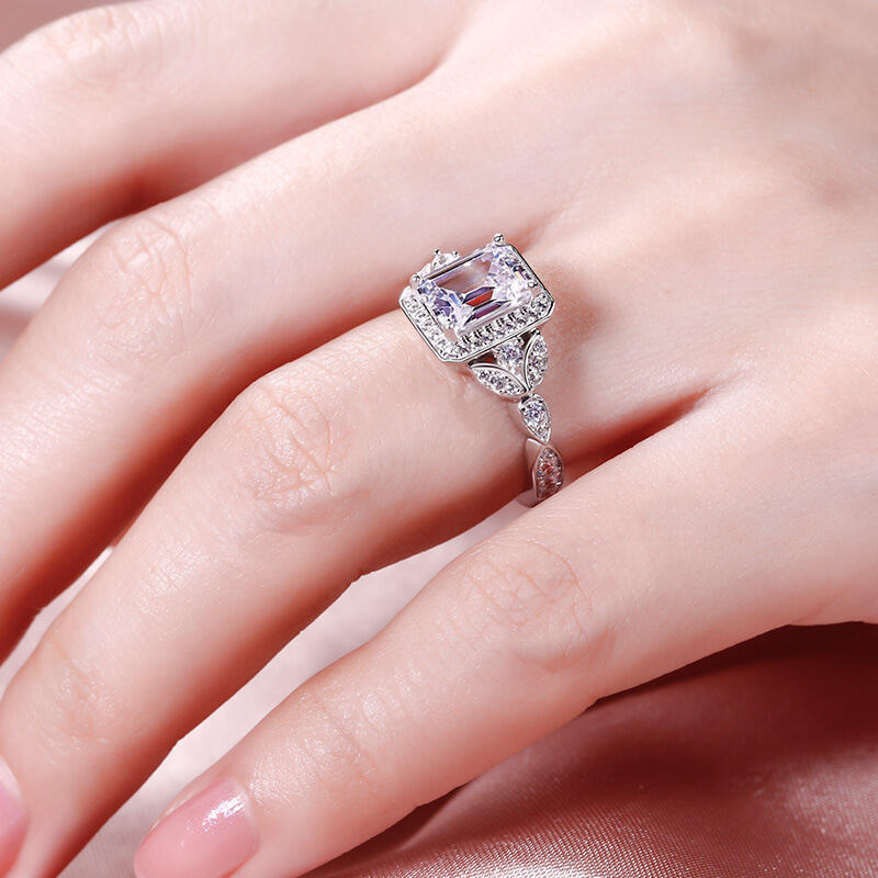 Jeulia Leaf Design Emerald Cut Sterling Silver Ring