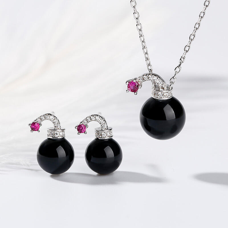 Jeulia Bomb Design Cultured Black Pearl Sterling Silver Jewelry Set